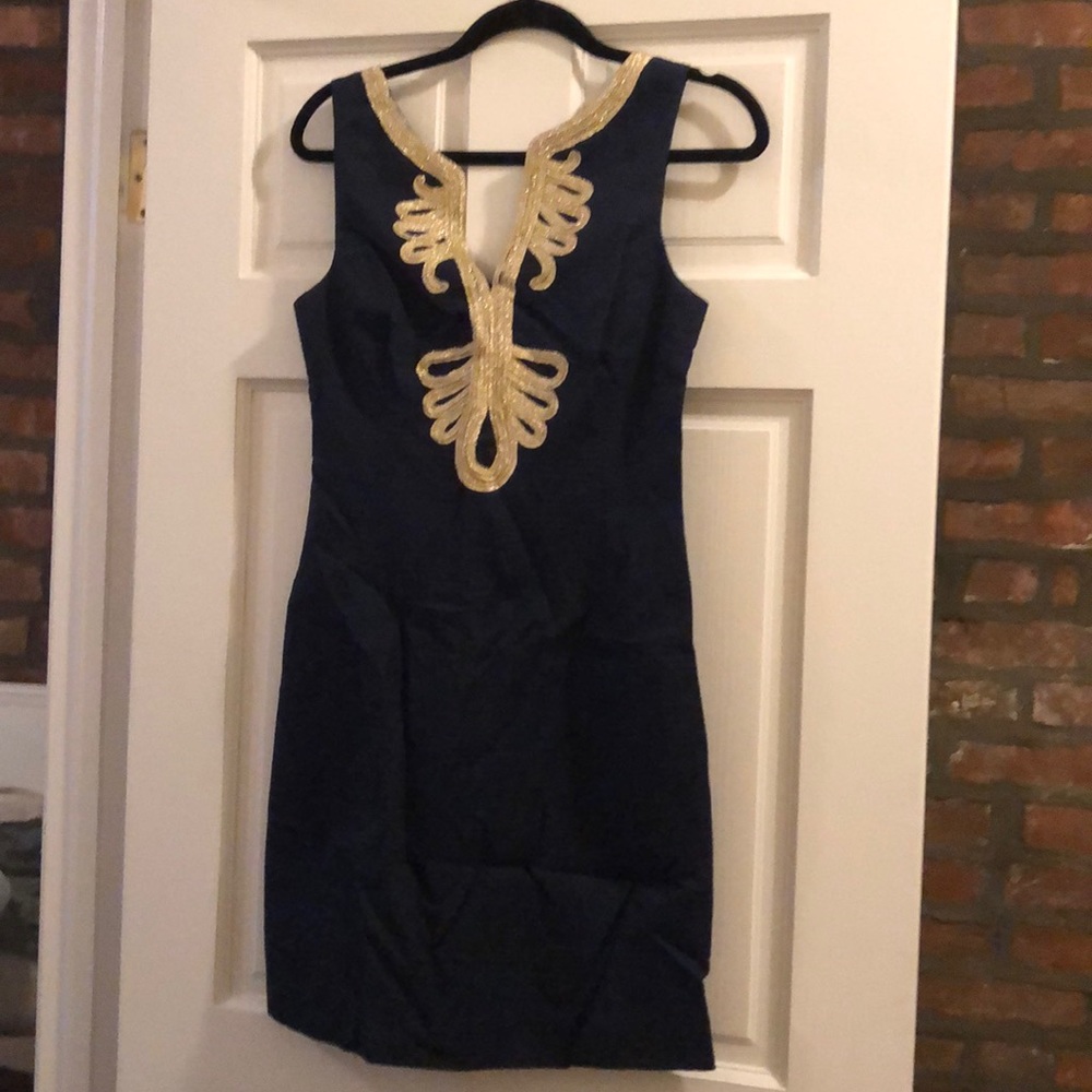 Lilly Pulitzer Navy Sheath Dress with Gold Embellished Placket